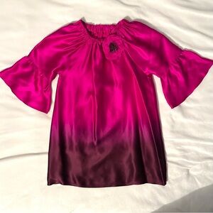 Halabaloo 100% Silk Fuchsia Ombré Dress Girls 5 Trumpet Bell Sleeve 3D Flower